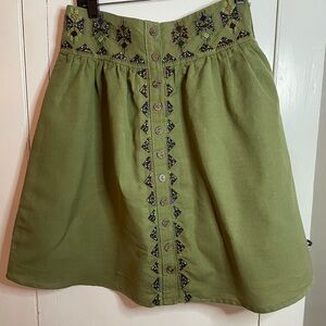 Maeve by Anthropologie Olive Green Embroidered Button-Front Skirt Size 6